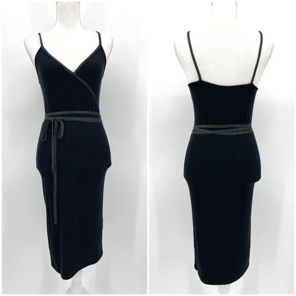 ATM Black Micromodal Rib Knit Faux Wrap Belted Metallic Trim Dress Womens M
